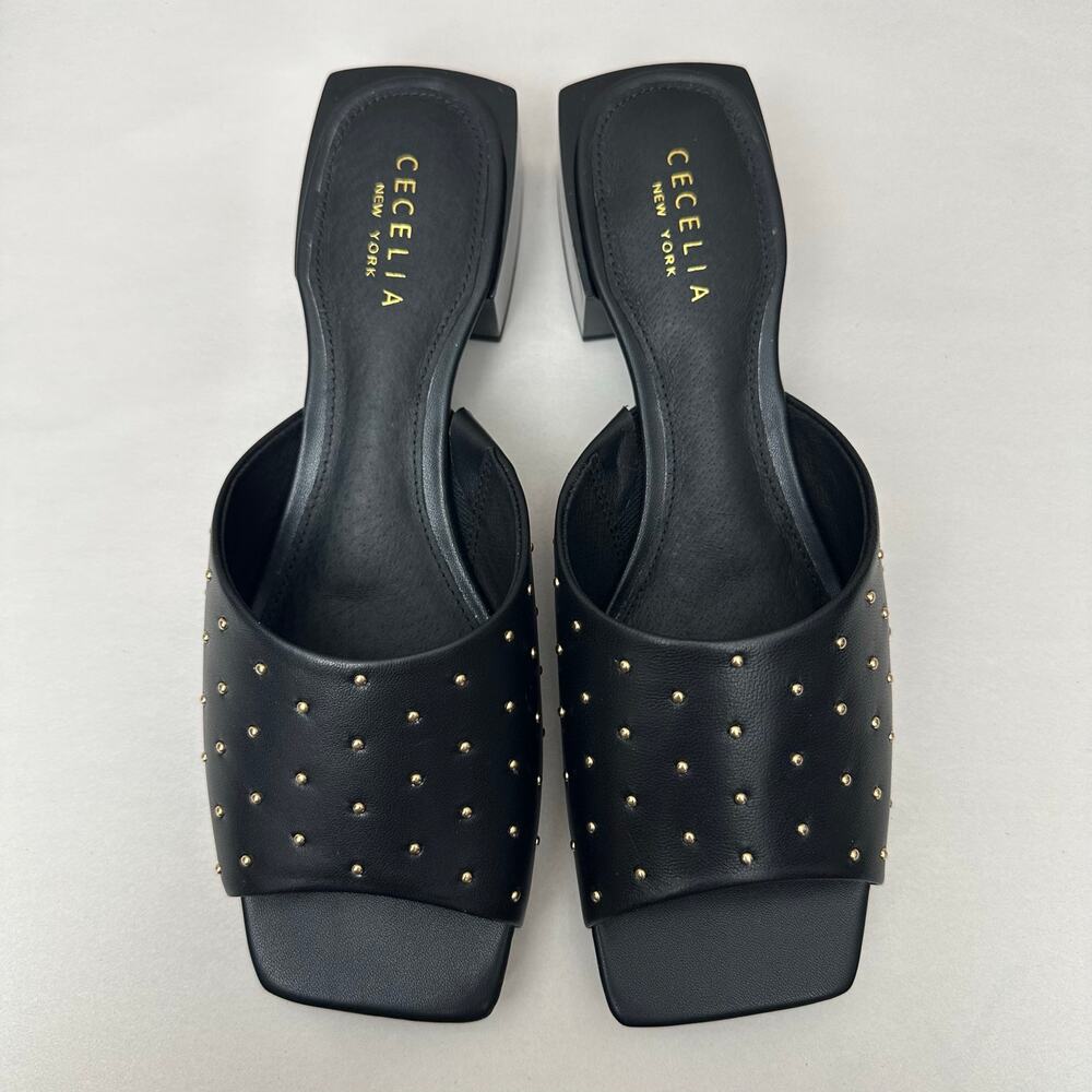Cecelia New York Olivia Black Leather Studded Square Toe Block Heel Mules Sz 8.5